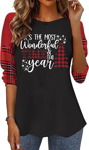LLHXRUI Women's Christmas Trees T Shirts-Long Sleeve Xmas Holiday Splicing Tops(
