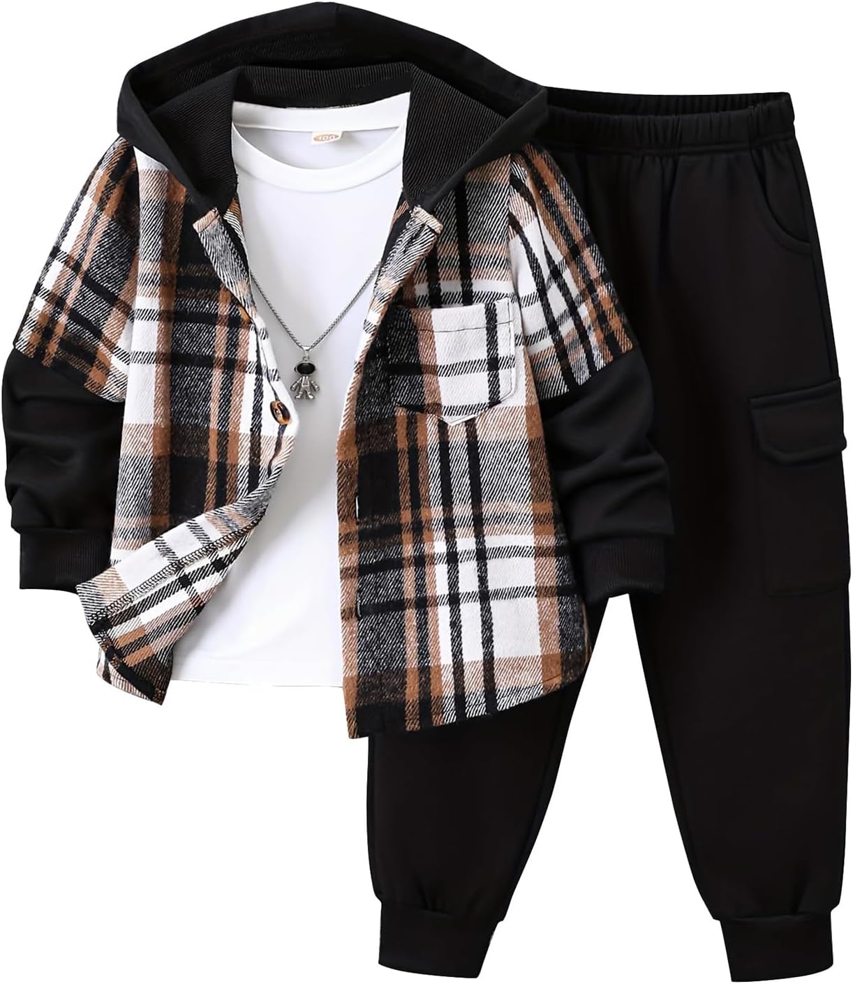 Boys 2 Pieces Sweatsuit Flannel Plaid Shirt Tops Hoodies Cargo Sweat Pants Clothing Set 3-14Y