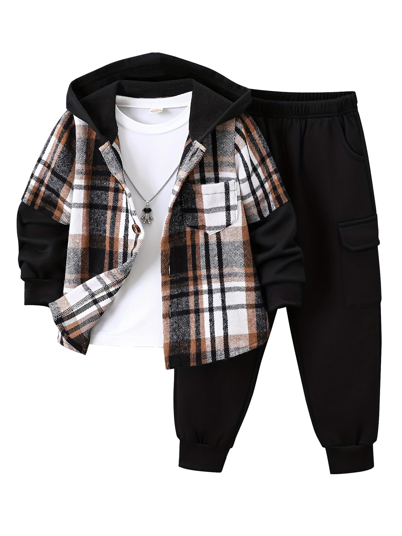 Jolyshlid Flannel Plaid & Cargo Sweatpants Boys' 2-Piece Sweatsuit (3-14Y)