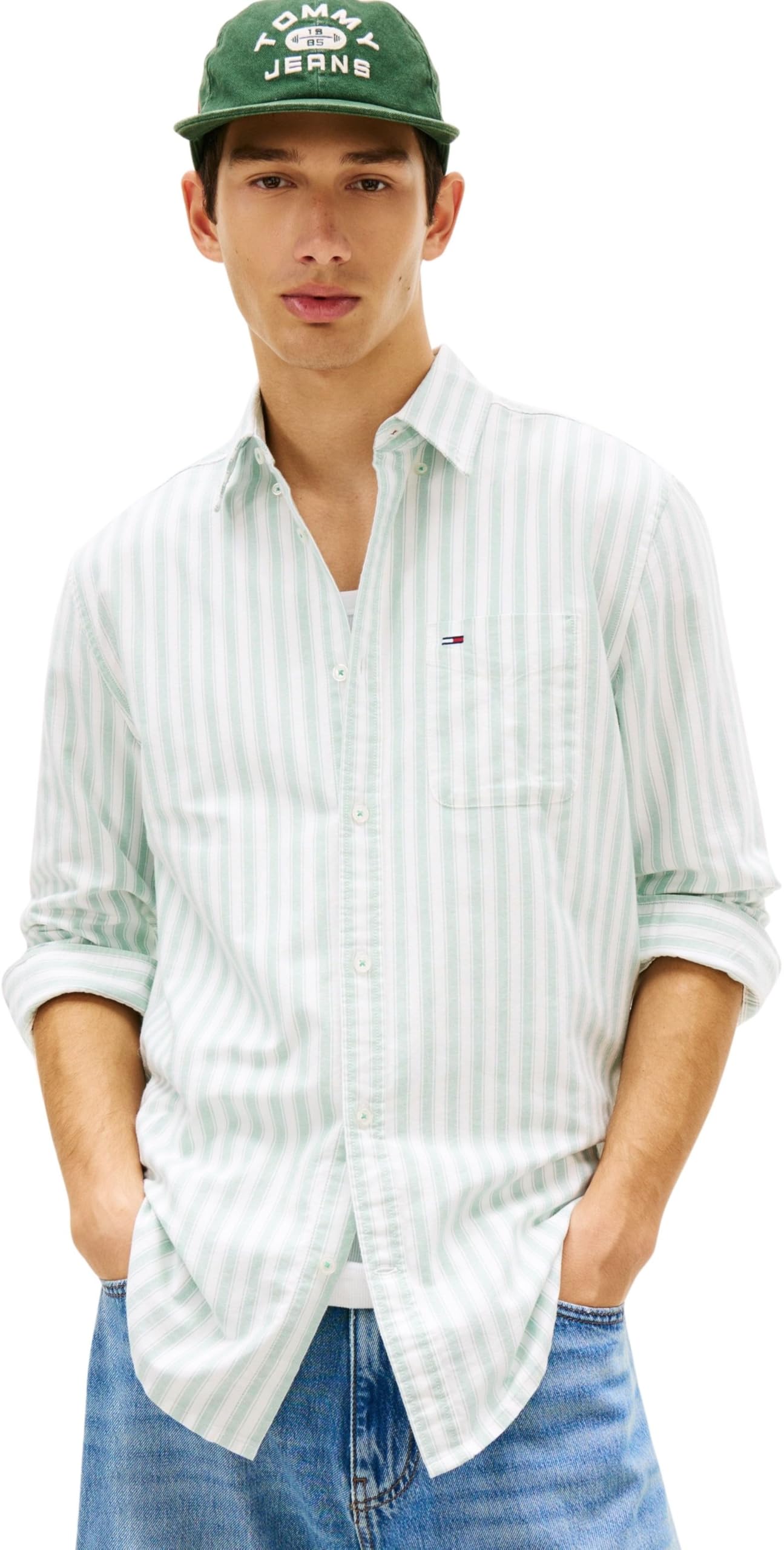 Tommy Jeans Men's TJM Reg Stripe Oxford Shirt Ext DM0DM22790 L/S Shirt, Green (Bahama Green Stripe), L