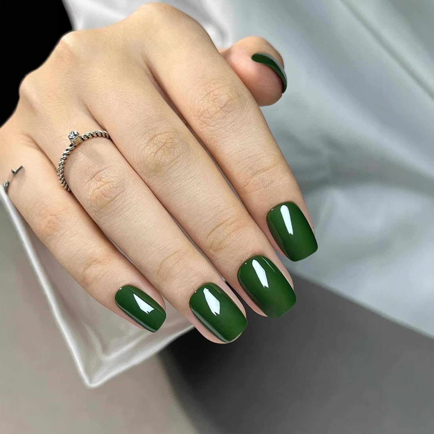 Green Press On Nails - Short Square Press On Nails, Glue On Nails Short Fake Nails, Nail Press Ons 16 Sizes - 32Pcs Reusable Soft Gel Artificial False Nails Tips Kit image 3