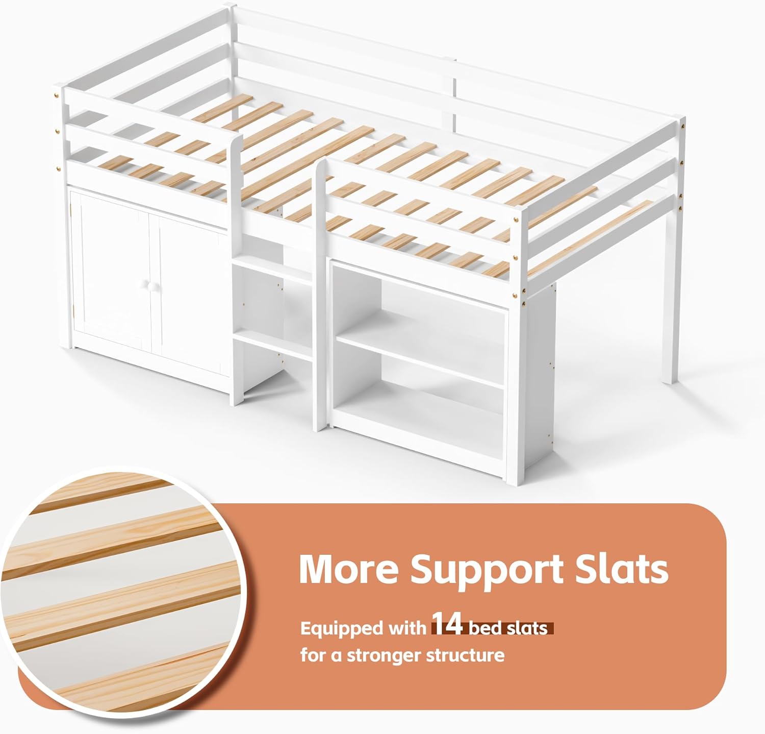 TOLEAD Kids Loft Bed, Twin Loft Bed with Lights, Toddler Loft Bed with 14" H Safety Guardrail, Low Loft Bed with Storage Bookcase and Under-Bed Play Space, Modern Low Loft Beds for Boys Girls (White)