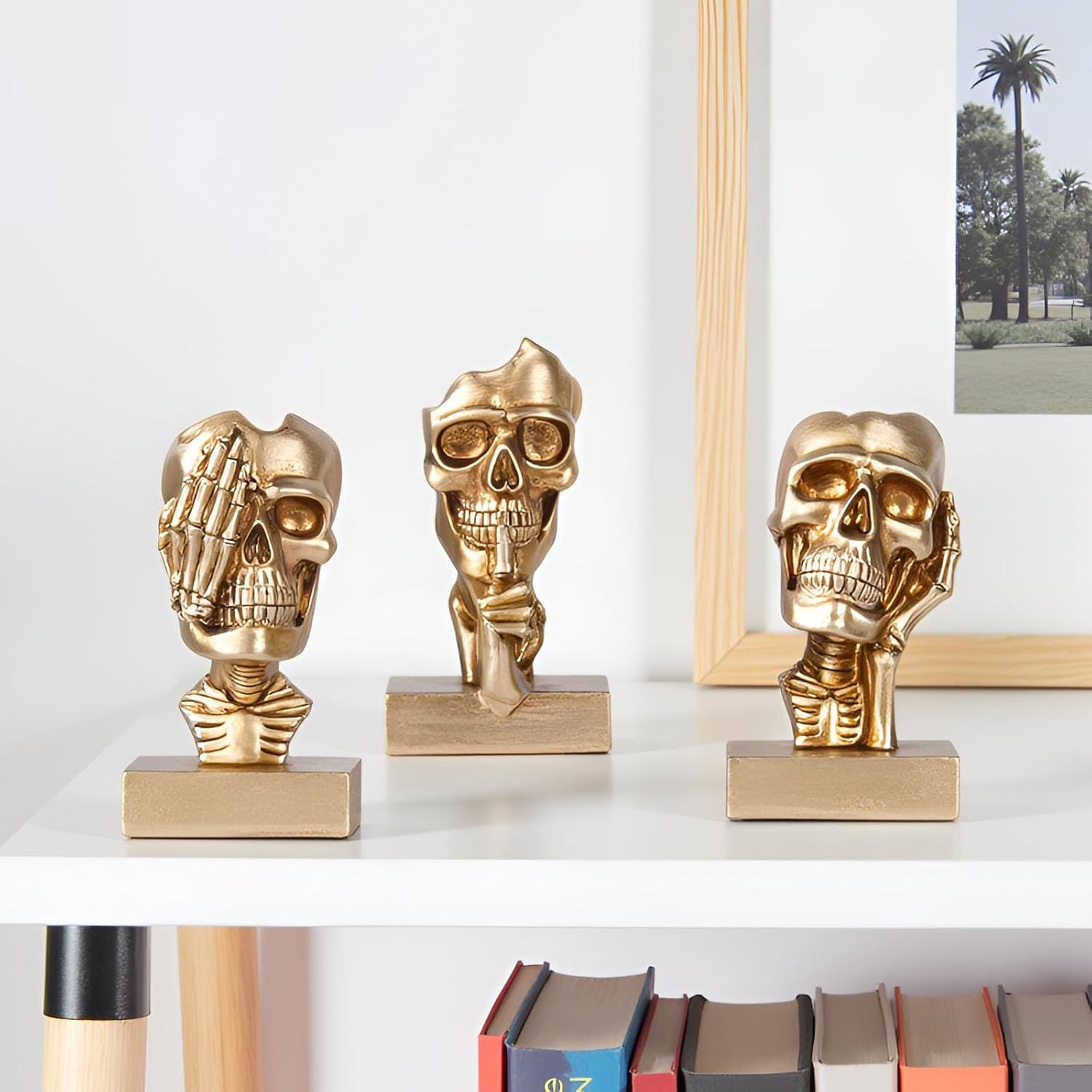See Hear Speak No Evil Skeleton Figurines Set,Gothic Evil Skull Trio Statue,Vintage Skeletons for Halloween Decorations Indoor,Living Room Fireplace Floating Shelf Coffee Table Centerpiece Decor