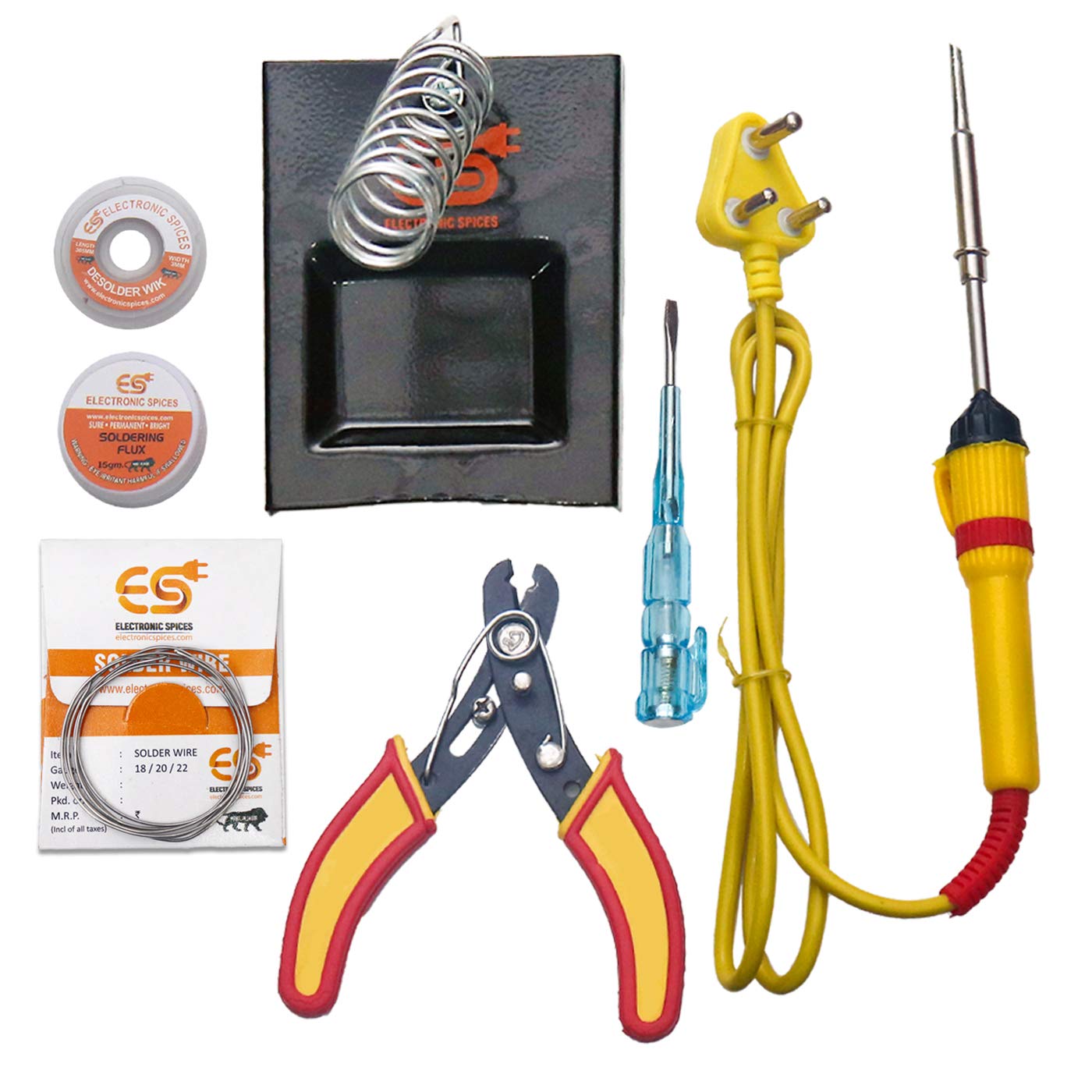 Electronic Spices (7 in 1) 25watt Soldring Iron Starter Kit + Paste + Desolder Wire + Soldring Stand + Solder wire + cutter + Tester For electronic projects