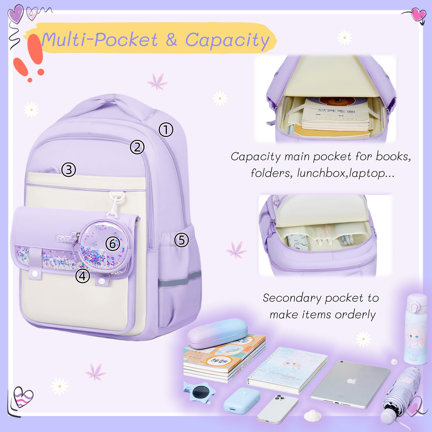 Zaino per bambini per la scuola elementare per ragazze e bambini, grazioso zaino con portamonete scintillante, Viola, L, Classico