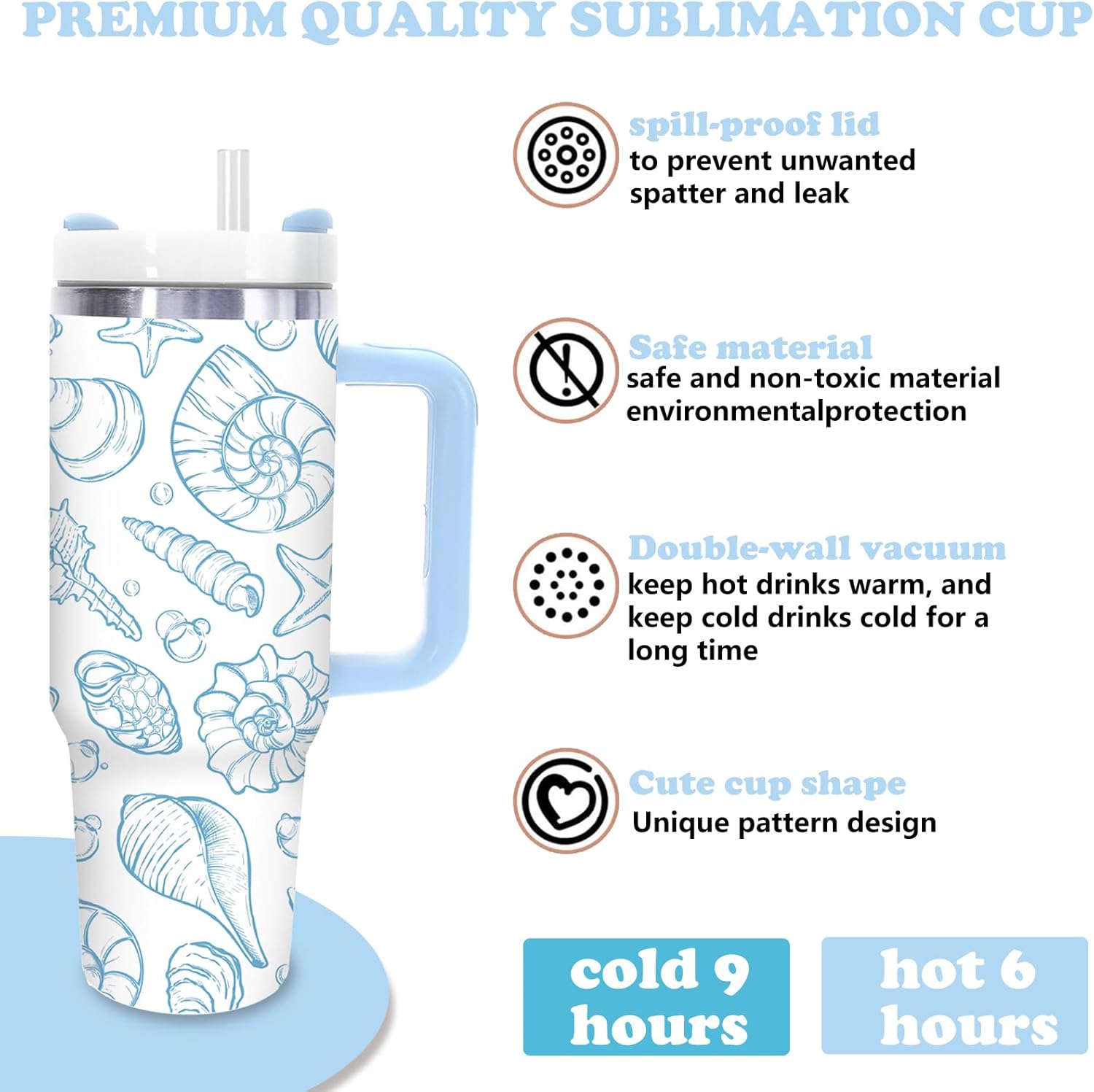 JarThenaAMCS 1 Pc Ocean Tumbler with Handle Lid Straw 40 Oz Seashell Starfish Stainless Steel Travel Tumbler Cup for Iced Coffee Party Favor - Image 4