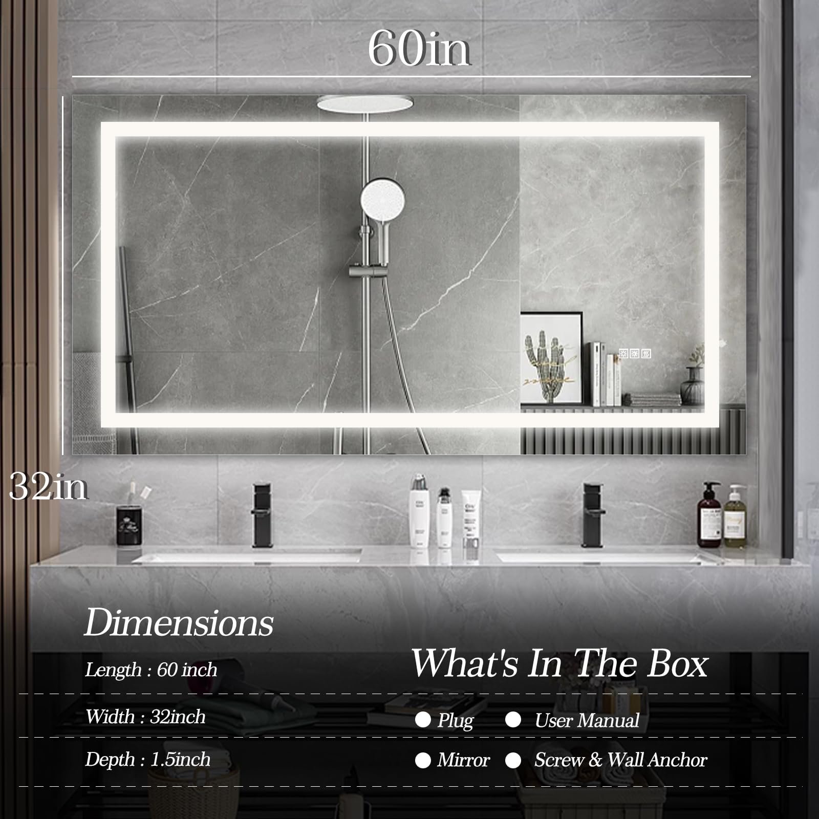 60X32 inch LED Bathroom Mirror, Black Framed Gradient Front and Backlit LED Vanity Mirror for Bathroom, 3 Colors Dimmable, Double Wall Mirrors with Anti-Fog, Shatter-Proof, Memory Function (60x32)