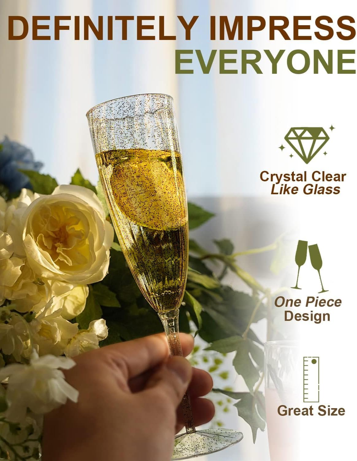 Plastic Champagne Flutes, 36 PCS Gold Glitter Disposable Wine Glasses Reusable Plastic Cocktail Cups for Home Daily Life Party Birthday Wedding Toasting Drinking Champagne(6 oz) - Image 2