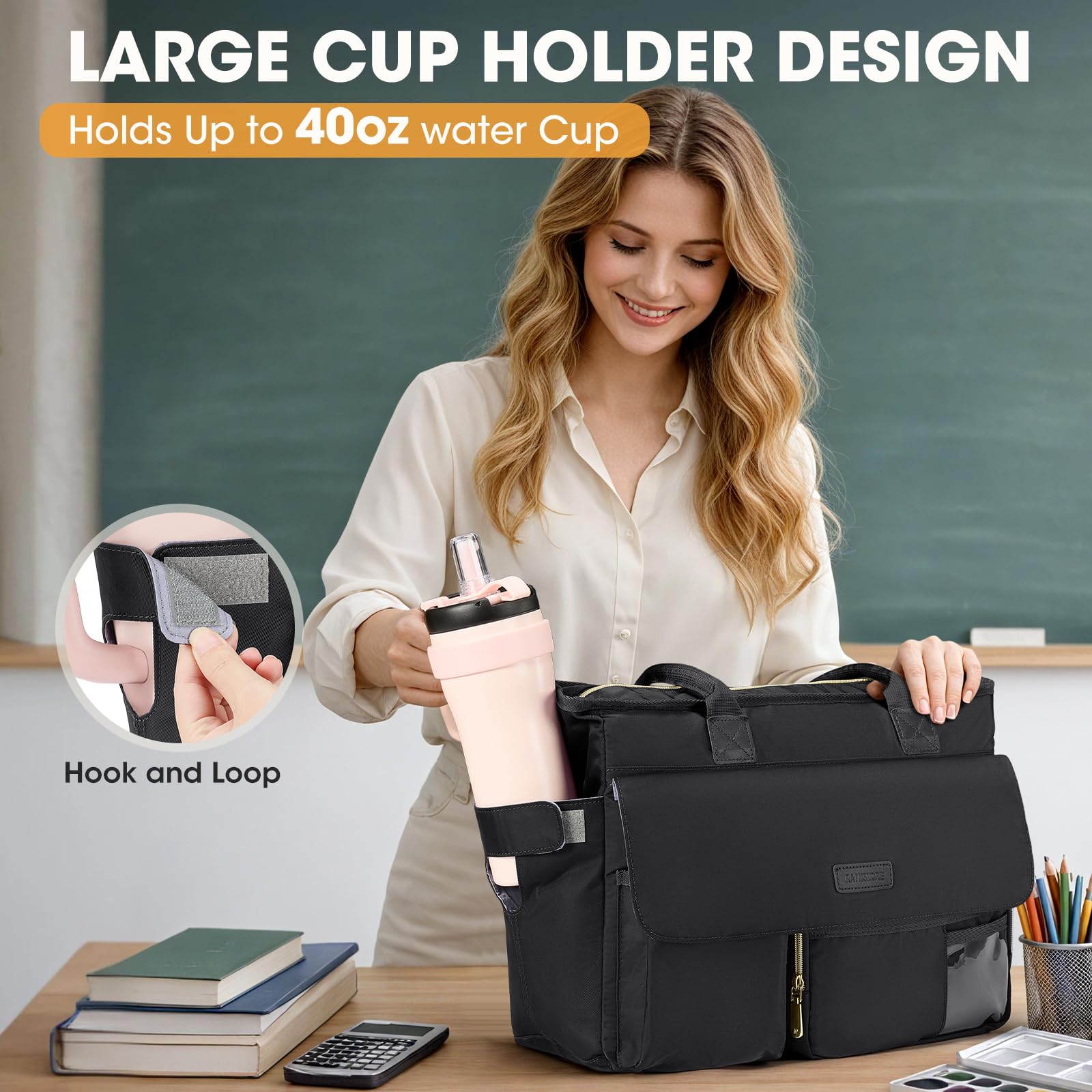 RAINSMORE Lehrertasche Damen mit Lunchfach 17.3 Zoll Laptoptasche Groß Isoliertes Fach Wasserdicht Arbeitstasche für Büro Uni Reisen Shopper Handtasche Schwarz