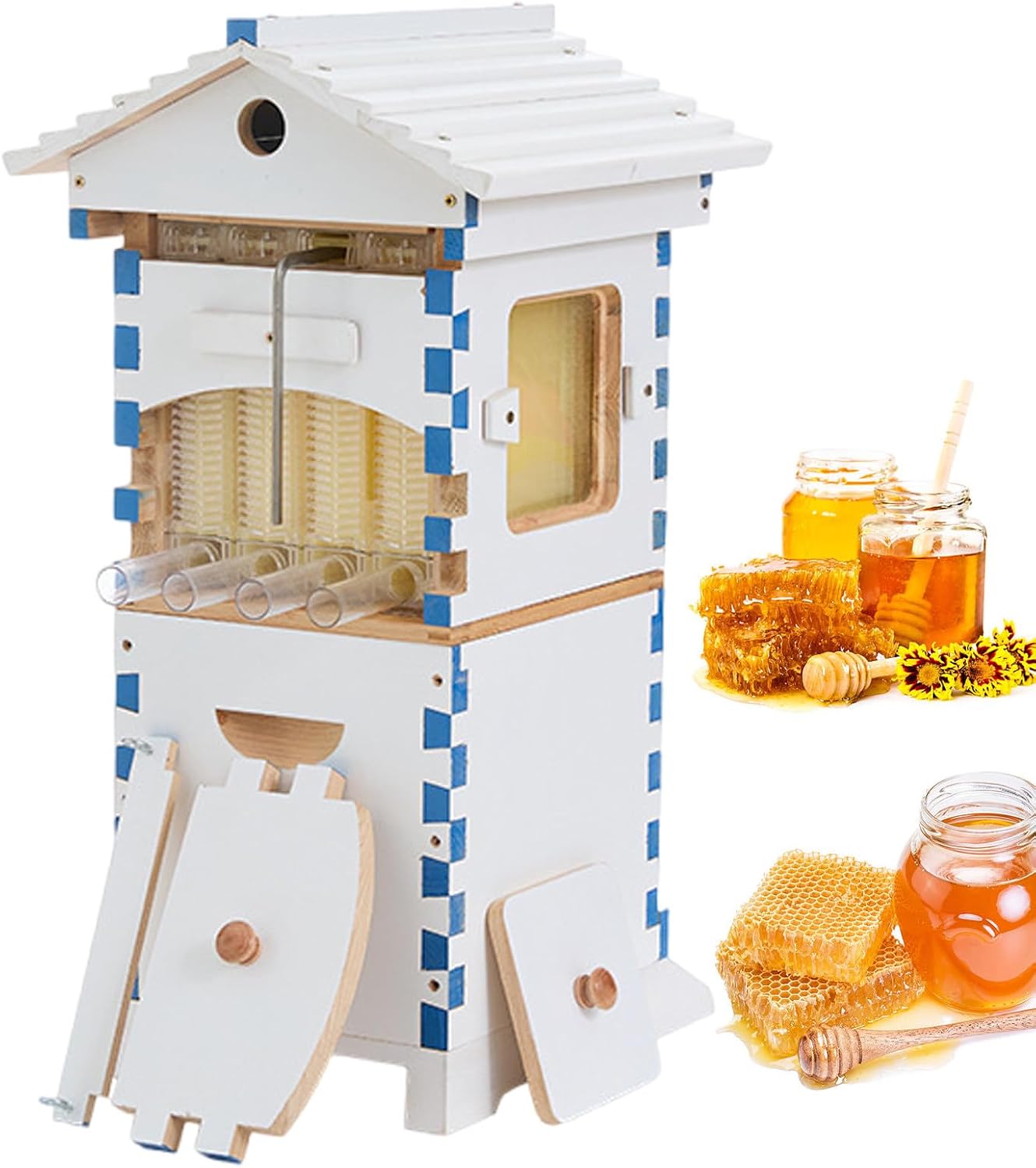 All-In-One 2-In-1 Beehive,New Upgraded Self-Flow Comb for Both Beekeeping And Honey Extraction,Mini Compact Hive with Transparent Window,for Family Learning & Urban Farming Bake-Painted