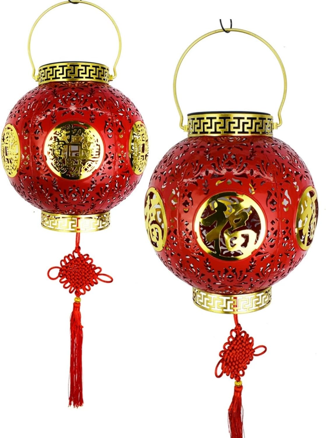 Solar red Lantern, Red Metal Traditional Design, 8.6 Inch Diameter, Decorative Garden Light with Gold Trim and Tassels, Outdoor Hanging Festival Lamp (Chinese Blessing)