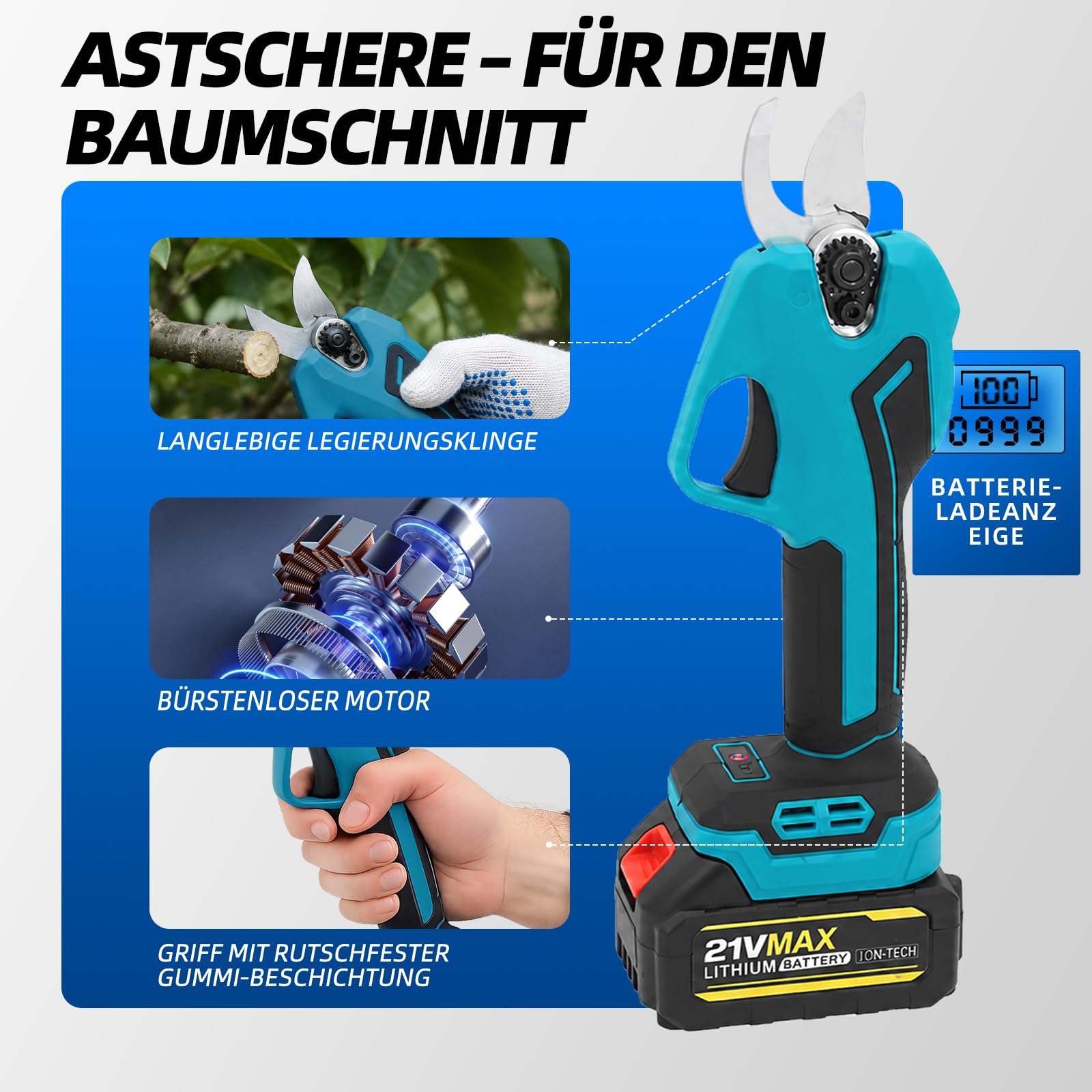 2-in-1 Akku Teleskop-Gartenschere 40 mm mit SK5 Klinge | 2,5 m Teleskopstange, 4,6m Länge,1000W Bürstenloser Motor, 2x 4000mAh Akku, LCD-Display,für Bäume, Sträucher & Hecken