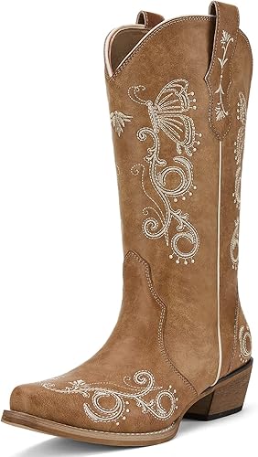 Rollda Botas vaqueras para mujer, botas vaqueras bordadas a media pantorrilla, botas occidentales para mujer, botas desgastadas con pestañas para