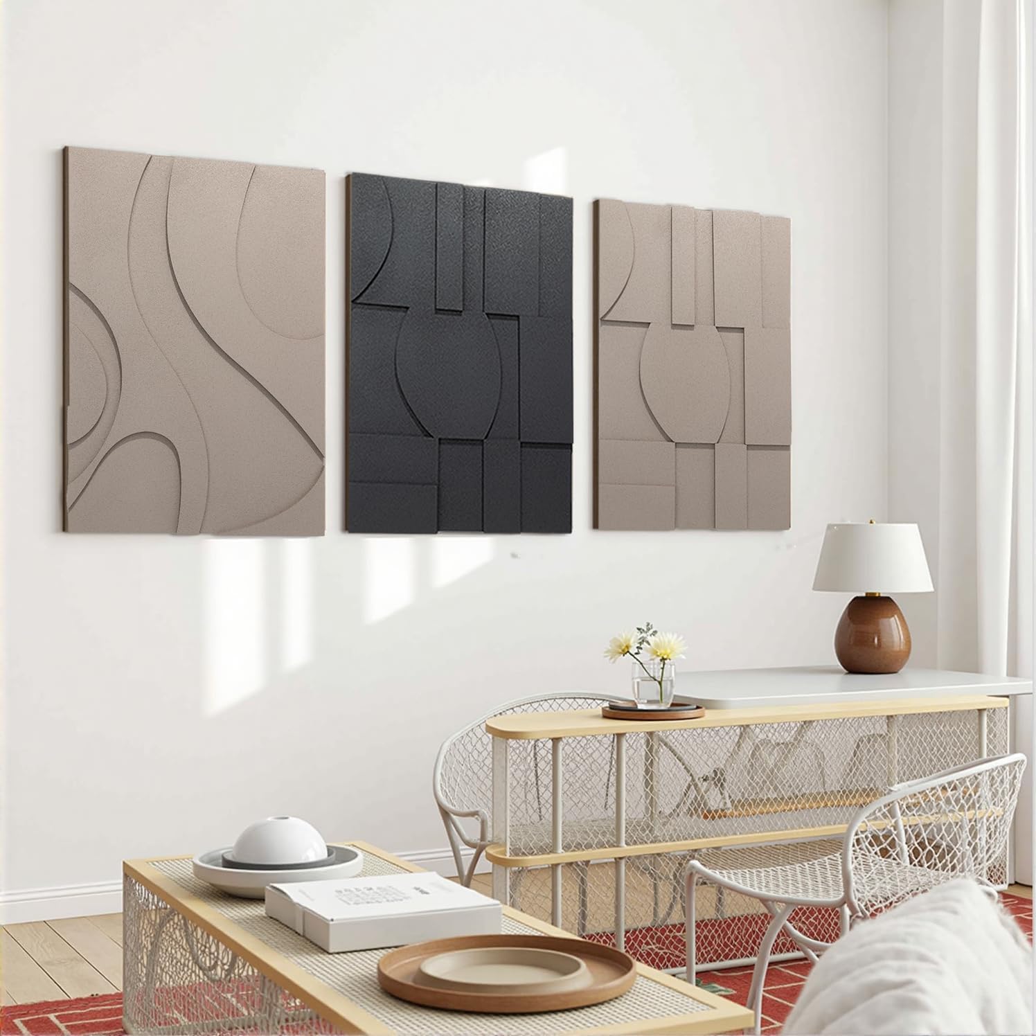 OIUYTOH 3D Textured Abstract Wall Art Modern Paintings Artwork for Walls, Black and Beige Geometric Sandstone Texture Pictures for Living Room Dining Room Bedroom Office Wall Decor 24x36 In Dark Grey
