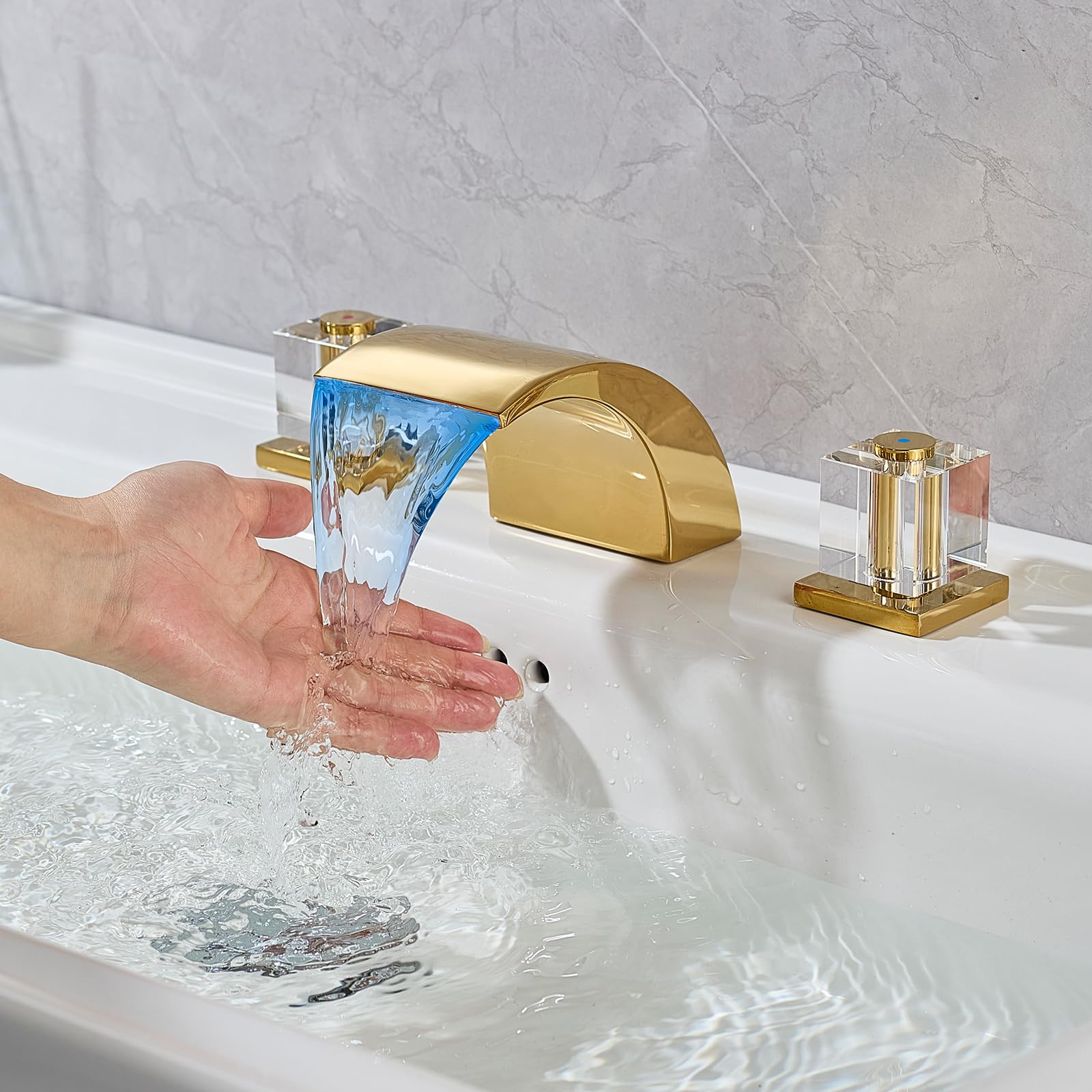 Robinet de salle de bain cascade LED or poli FSJXMSTJ pour éviter les brûlures d'eau
