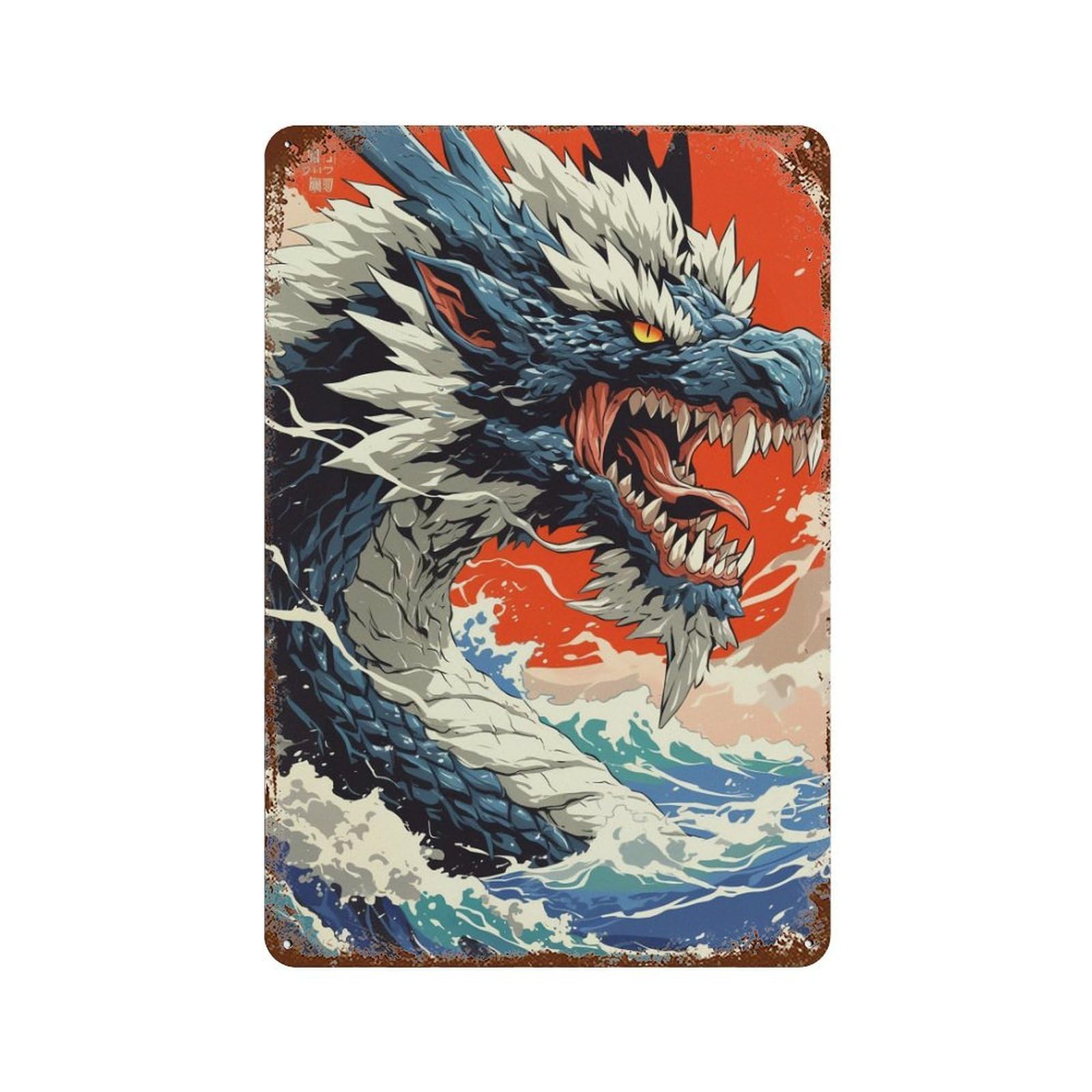 Japanese Dragon Wave Art Print Weathered Tin Sign 11.8"x7.9", Retro Wall Decor for Pub, Kitchen And Man Cave Decor