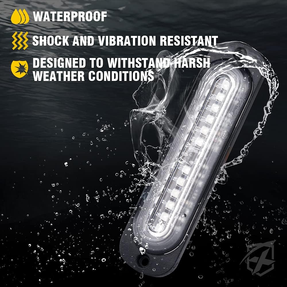 Xprite strobe light module being splashed with water, demonstrating its waterproof, shock, and vibration resistant design for harsh weather conditions.