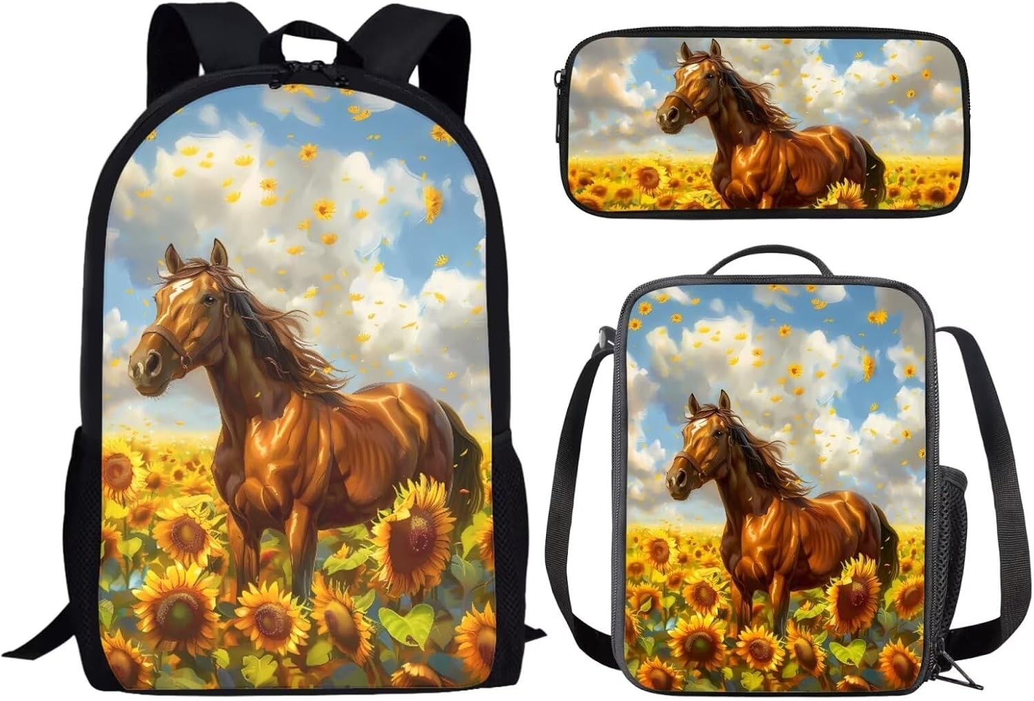 Renewold Horse Backpack for Girls Boys Yellow Sunflower Horse Print Kids School Bookbags Set Preschool Primary Middle Student Bookbag with Insulated Lunch Box Bag Pencil Case 3pcs Set School Supplies