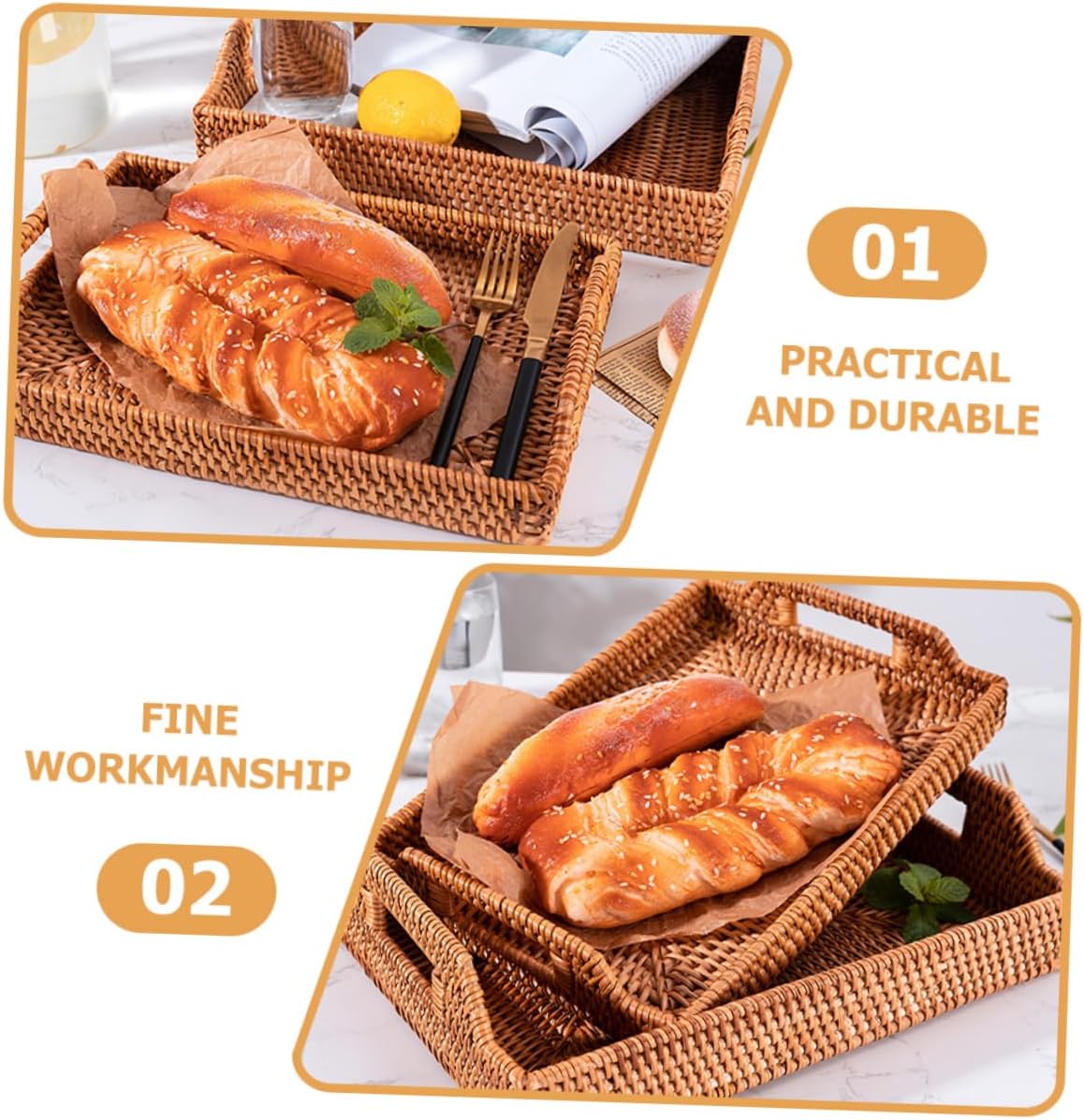 PRETYZOOM Hand Woven Fruit and Bread Basket with Handles Small Size 34x24x4cm Natural Rattan Storage Tray for Home Organization for Serving Snacks and Bread