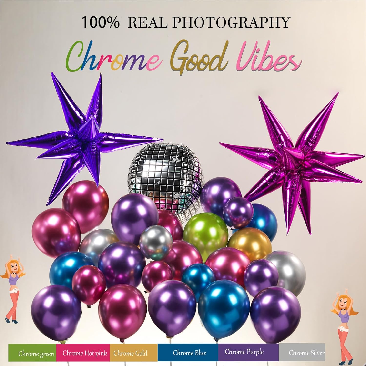 K-Pop Music Themed Birthday Decorations with Metallic Hot Pink Purple Green Blue Silver Balloon kit - star Disco ball foil Balloons for 80s 90s fans bachelorette grad class of 2026 Prom Decorations