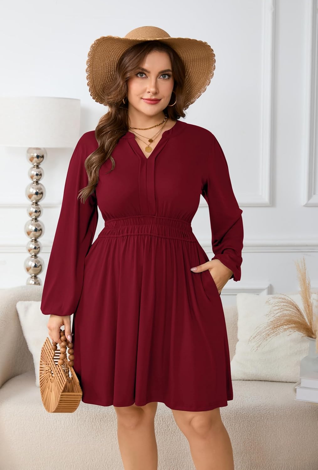 Plus Size Dresses Womens Casual Elastic Waist Long Sleeve V Neck Midi Flowy Dress with Pockets - Image 6