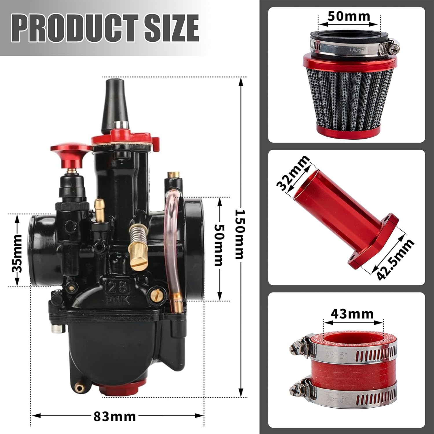 PWK28mm Carburetor Kit for Predator 212, Upgrade for Coleman Predator 196cc 212cc 224cc Engine, Baja Warrior MB200 KT196 GX160 6.5hp Engine with Intake Manifold 48mm Air Filter