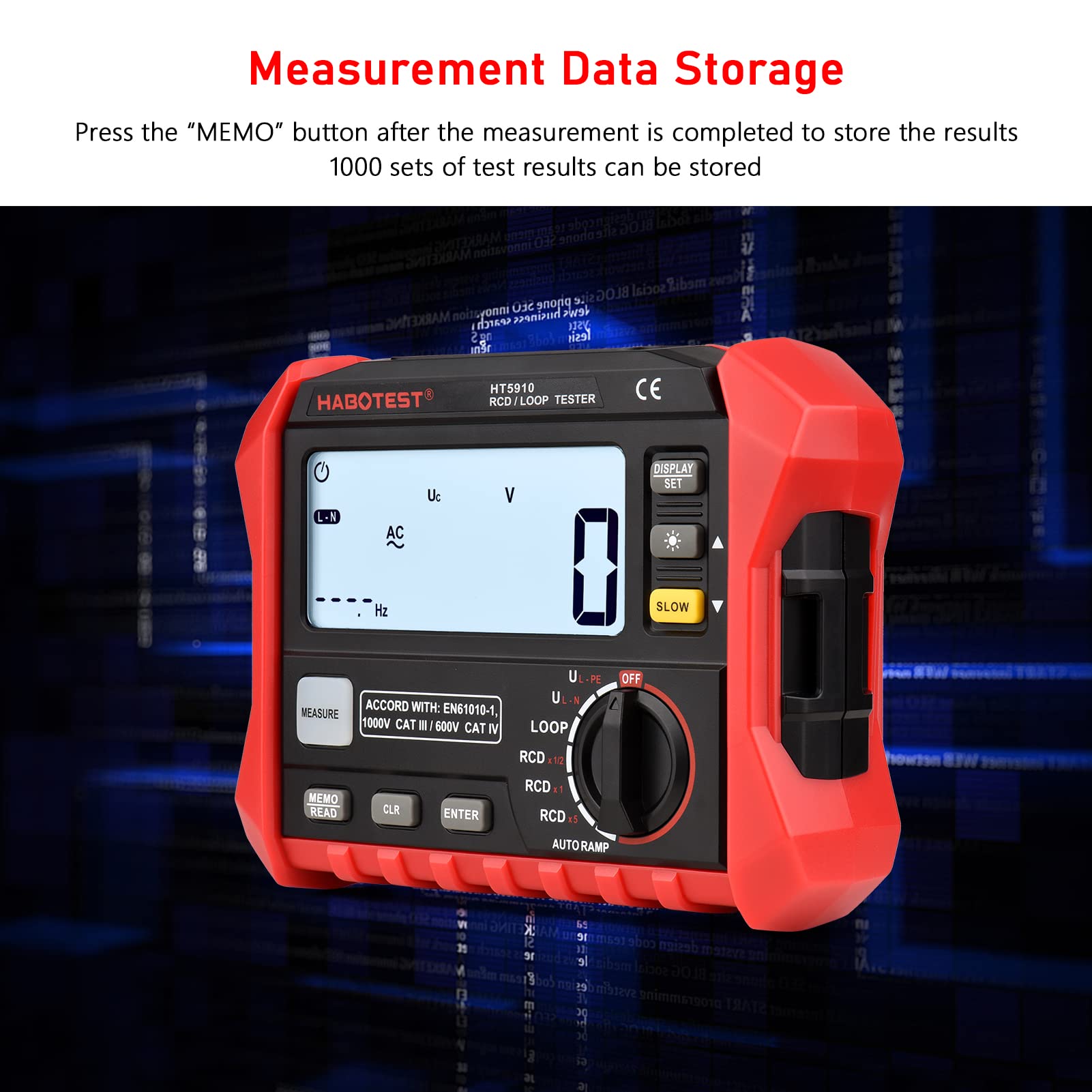 Irfora HT5910 Medidor de Resistencia Digital LCD de 4,7 Pulgadas Probador de Interfaz a Tierra RCD/Probador de Bucle 1000 Almacenamiento de Datos Megohmímetro Voltímetro con Retroiluminación