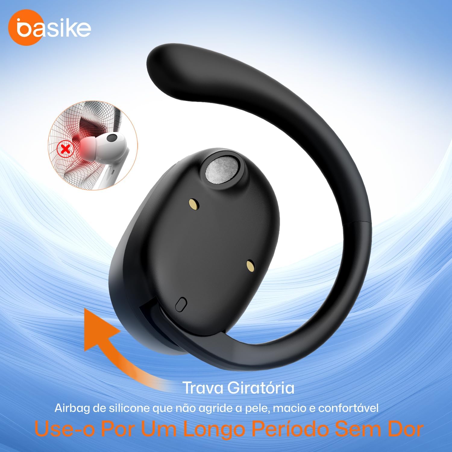 Close-up of Basike BA-FON153 earphone with flexible ear hook.