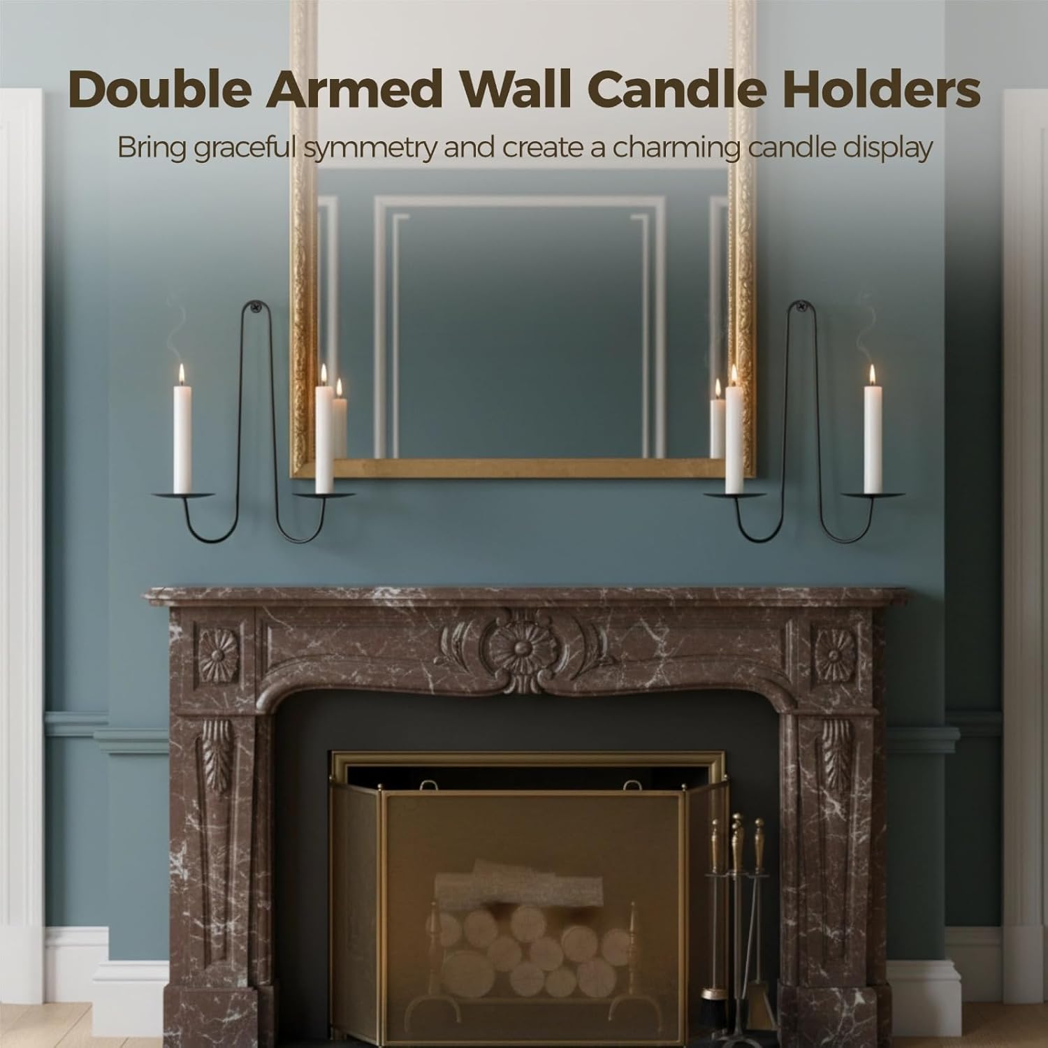 2 Pcs Wall Candle Sconce Holders, Double Armed Wall Hanging Candle Holders, Minimalist Black Iron Sconces for Fireplace, Living Room, Hallway