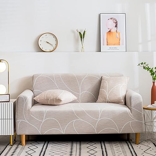 Miniatura 2 de Qubjus Funda de sofá estampada elástica para sofá de 1 plaza, protector de muebles lavable con una funda de almohada gratis (S, beige)