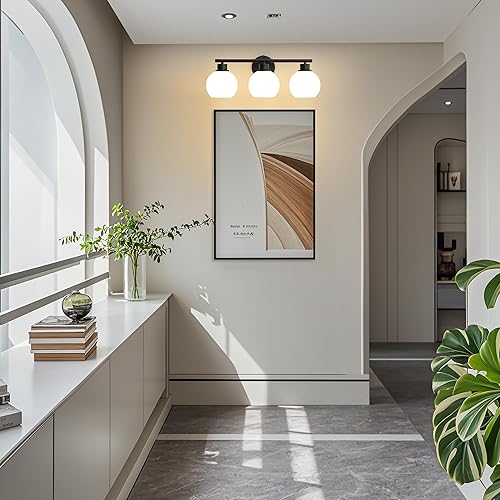 Miniatura 140 de Lámpara de tocador de baño de 3 luces negras y doradas con pantallas de vidrio, aplique de pared industrial Negro y Dorado,Dorado,Negro