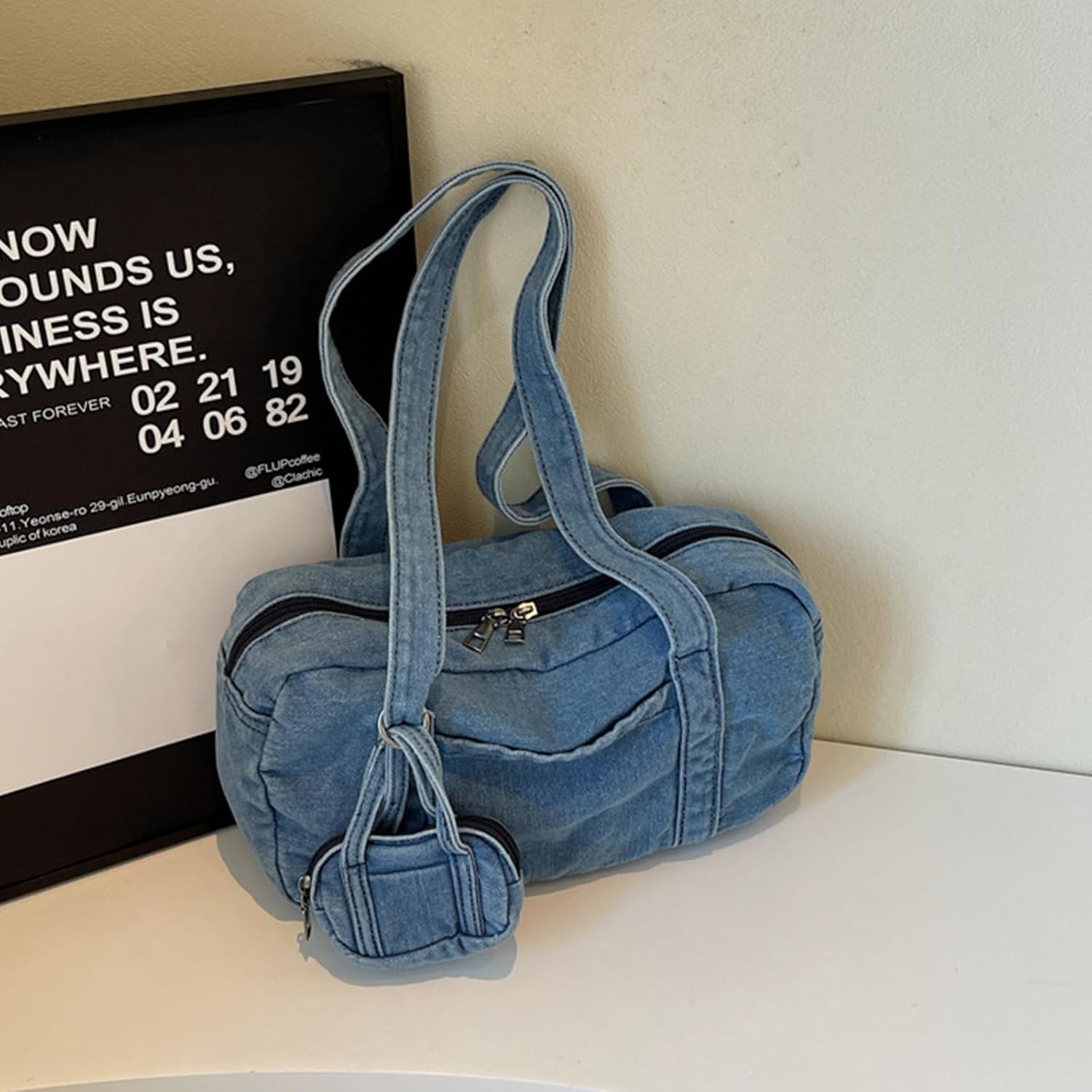 Denim Tote Bag for Women, Multi Pocket Shoulder Bag with Headphone Pouch, Handbag for Work, Travel, Shopping - Image 3