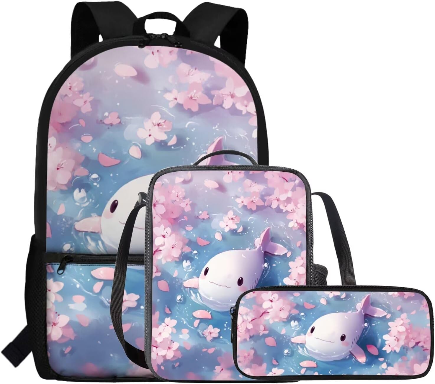 Blue Shark Backpack with Lunch Box for Kids,3 Pieces Cartoon Bookbag Accessories for Toddler Preschool Elementary School Bags for Girls Kindergarten School Handbag with Pen Box