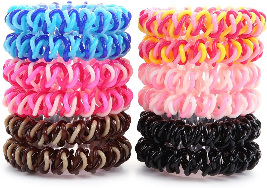 Spiral hair band No Crease Elastic Ponytail Holders Phone Cord Traceless Hair Tie Suitable for All Hair Types, 6 Colors,2pcs/color, Pack of 12 (Multi-colored) …