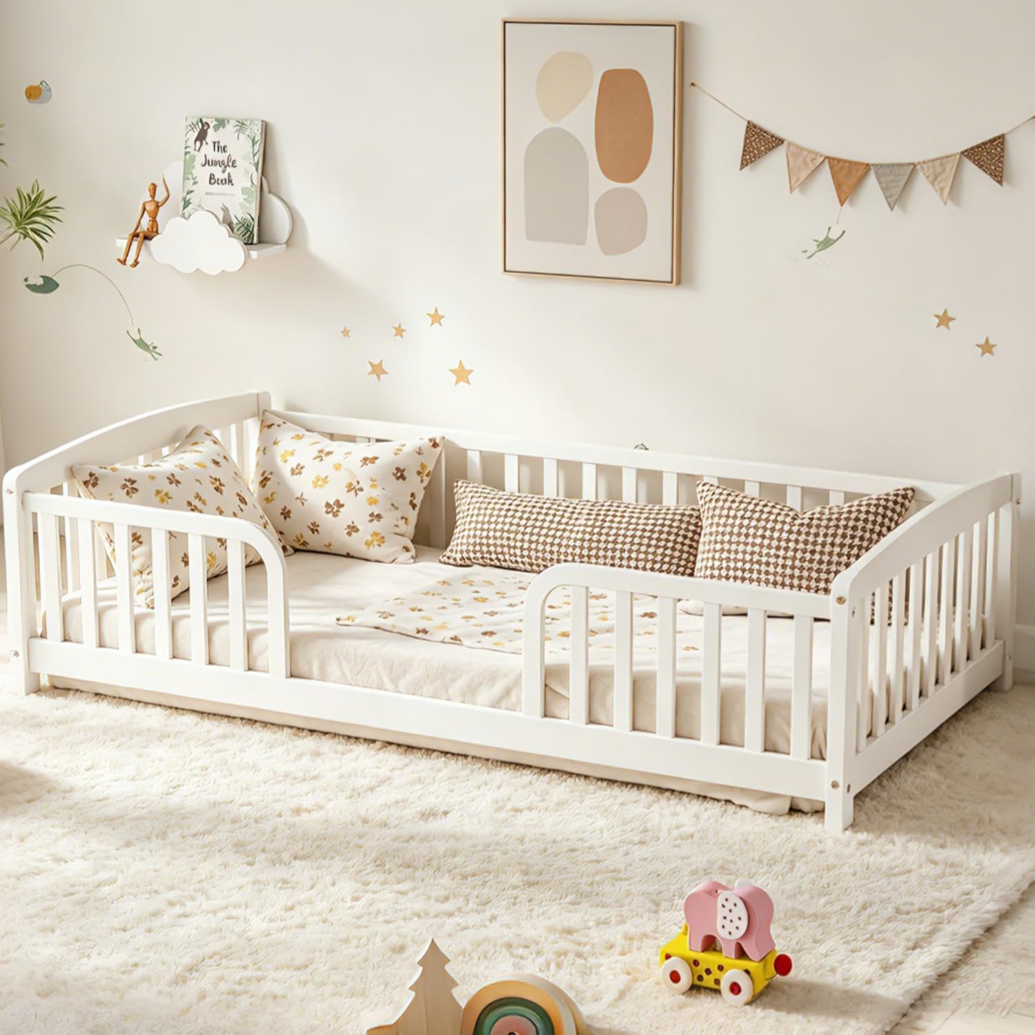 Bellemave Twin Montessori Floor Bed with Central Entrance and Full Surrounding Guardrails, Low Pine Wood Twin Floor Bed Frame for Girls, Boys, No Box Spring Needed, No Slats,White