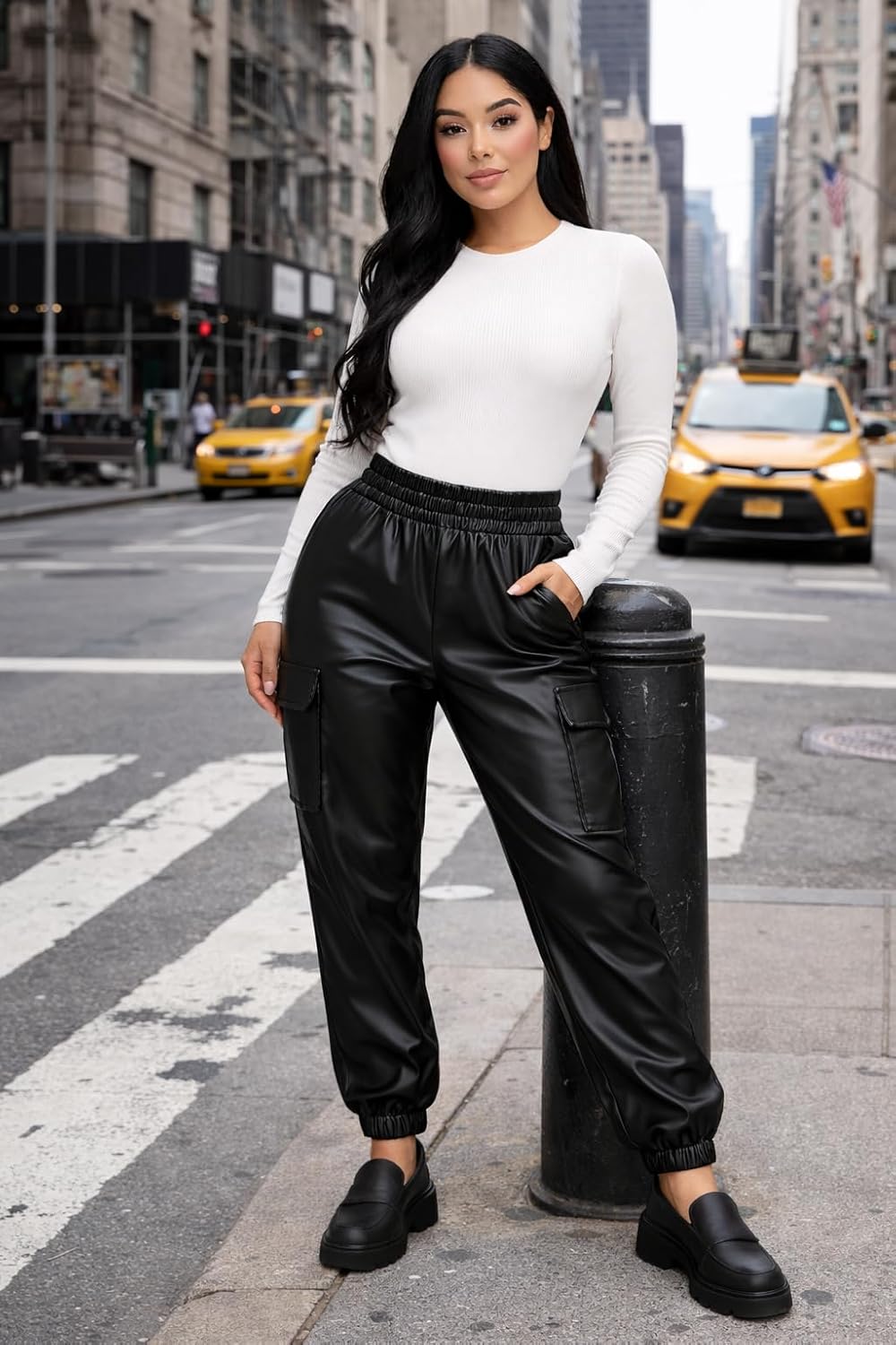 Women's Faux Leather Cargo Jogger Pants, High Waisted with Elastic Waistband and Side Pockets - Image 3