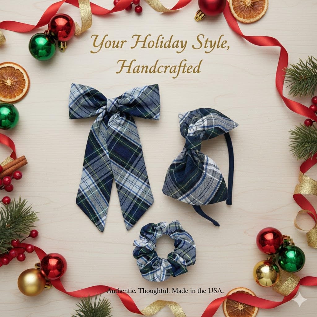ClassExceed Tartan Plaid Hair Bow Set for Girls with Bow Headband and Scrunchie, Girls Hair Accessories for School – White Navy Hunter Plaid 80