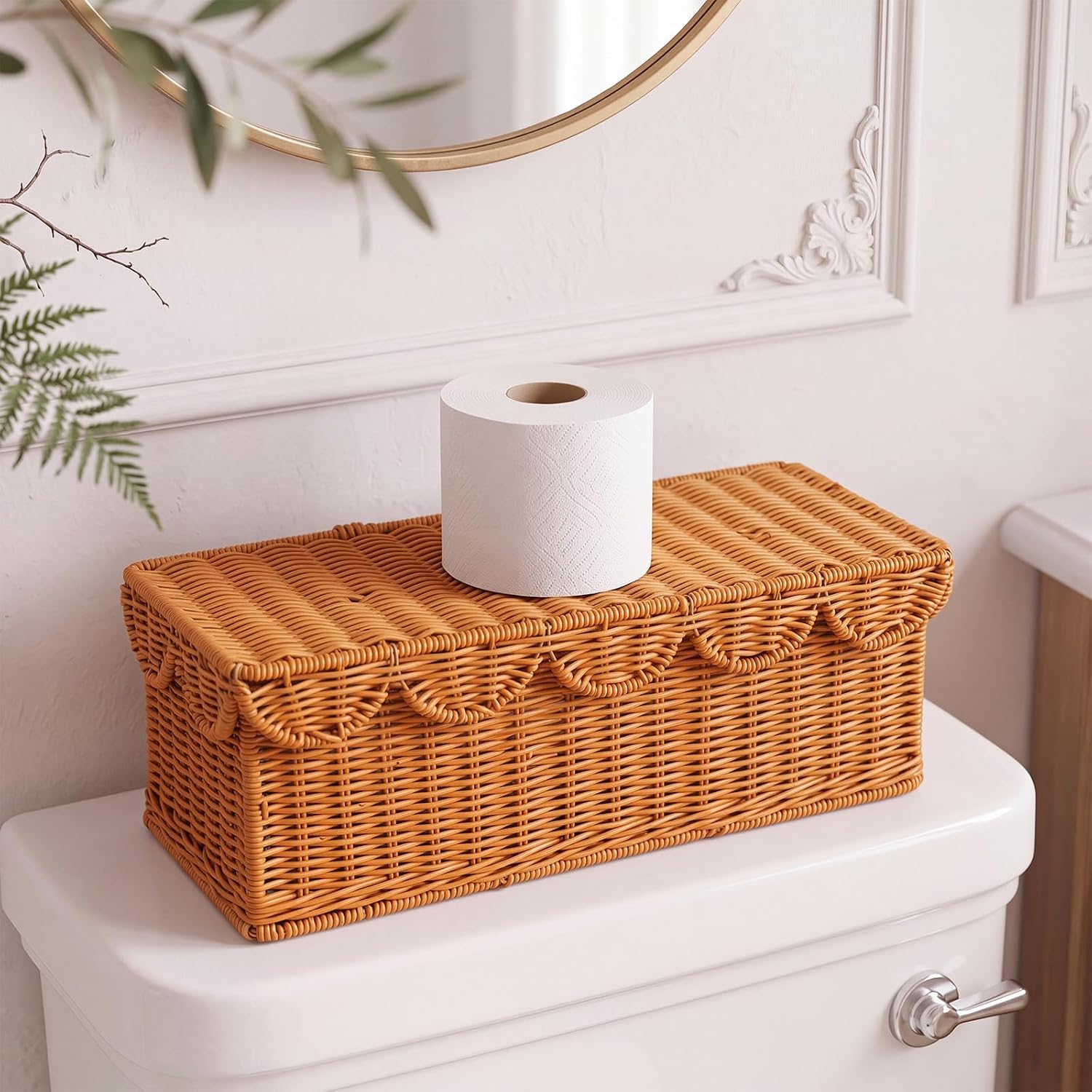 SiliFine Toilet Paper Basket with Lid Scalloped Bathroom Storage, Natural
