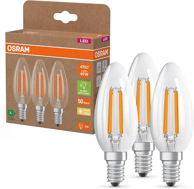 Osram LED Kerzenlampe E14, 3er-Pack, 2W ersetzt 40W, warmweiß, Filament