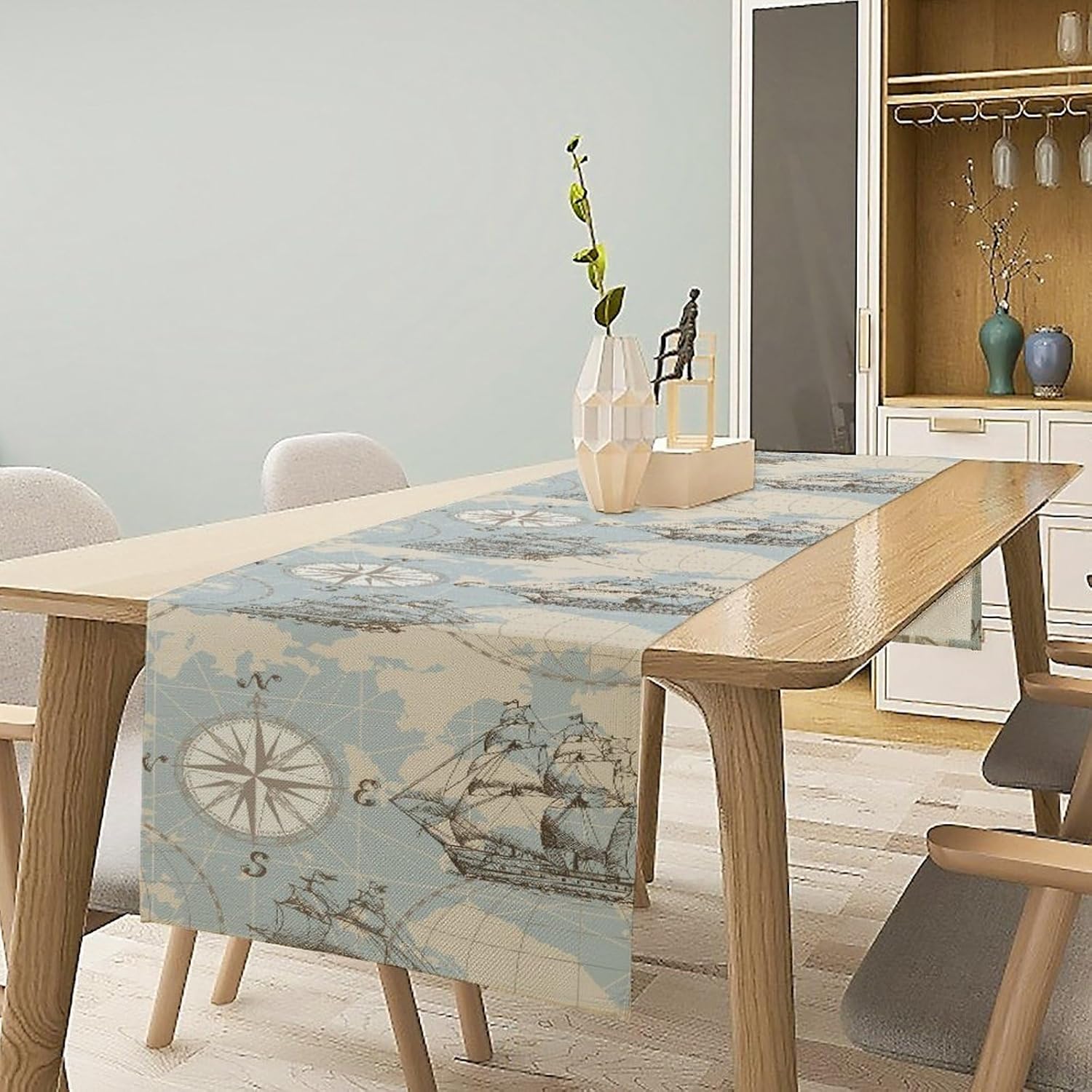 Nautical Map Table Runner,Vintage Blue Sketch Ocean Theme Coral Sailboat Lighthouse Compass Anchor Pattern Table Runner for Coffee Table Dining Room Table Bedroom Party Holiday Decor 13x90inch