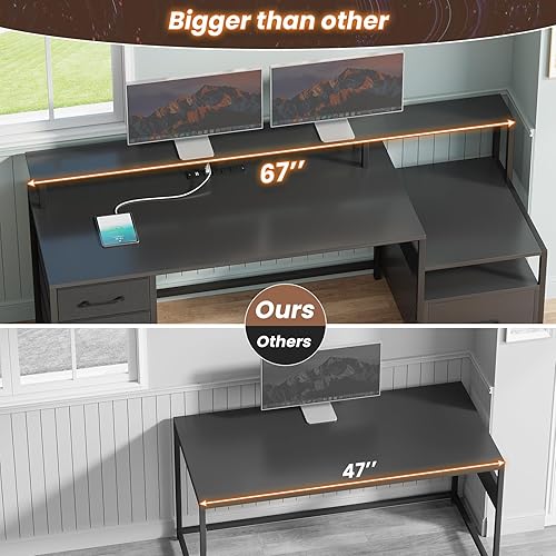 Miniatura 5 de SEDETA Escritorio para computadora con toma de corriente y luces LED, escritorio de oficina en casa de 66 pulgadas con cajón de archivos, estantes