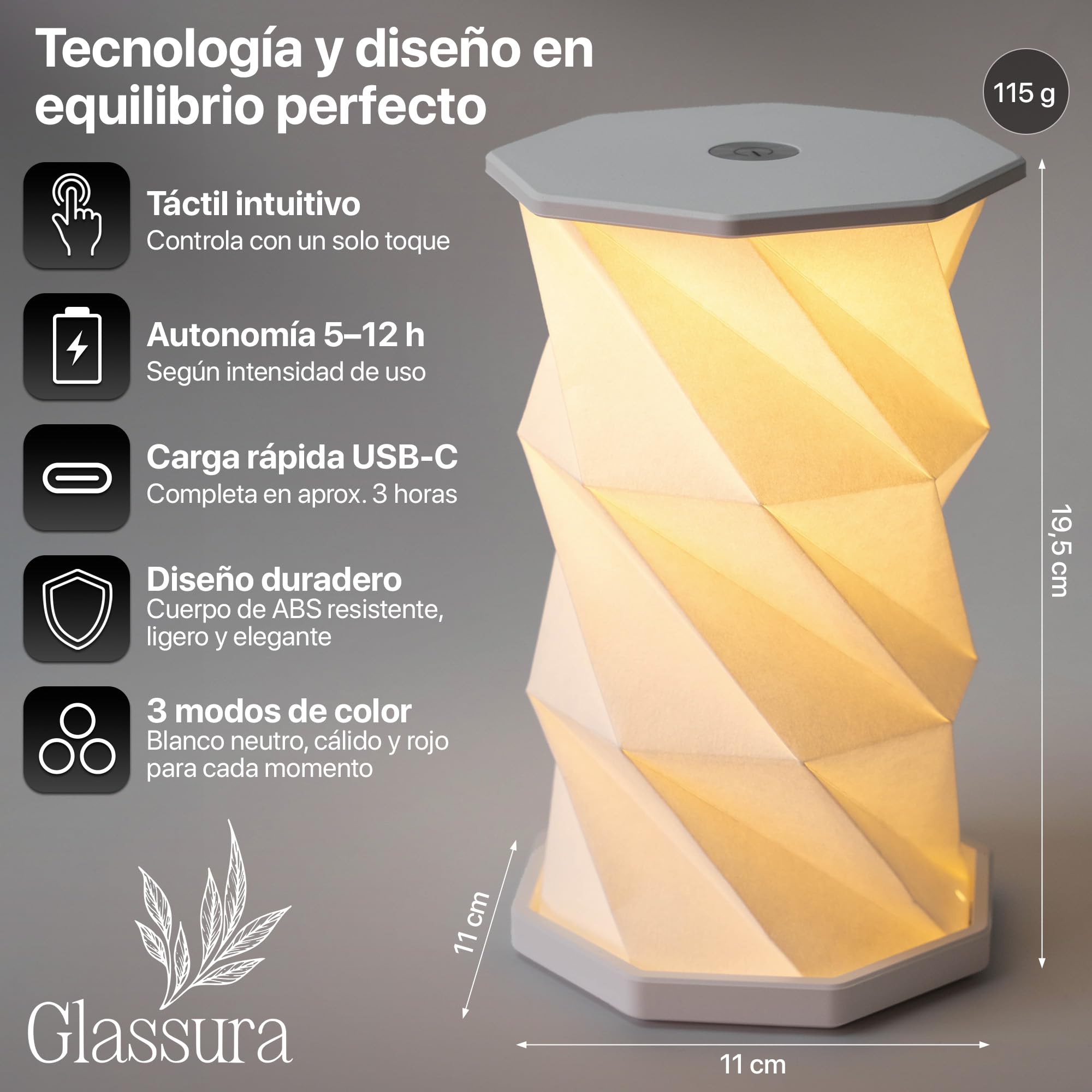 Lámpara plegable LED ABS, recargable USB-C, 3 modos de luz y sin cables. | Diseño origami 360° para mesita, salón, terraza cubierta y viajes; más de 12h de autonomía, decoración y regalo
