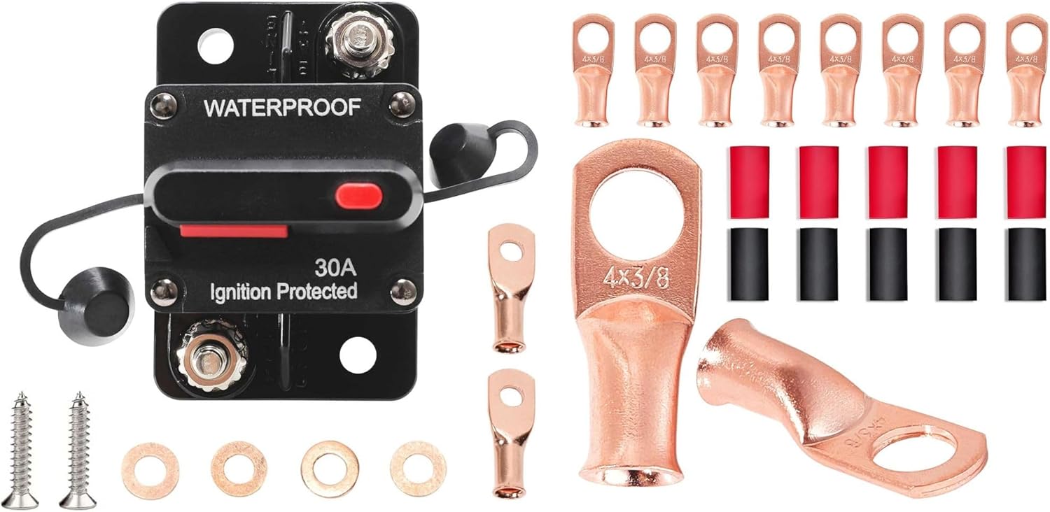 RED WOLF Car Circuit Breaker 30A AMP w/Manual Reset Switch with AWG 3/8" Stud Battery Cable Lugs Copper Connector 3:1 Heat Shrink Tubing Marine Grade for Electrical Automotive
