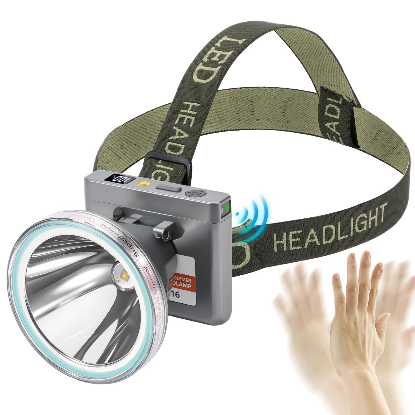 Linterna frontal LED de batería de polímero ultrafina superligera con sensor de movimiento, pantalla de nivel de batería, 5 modos de alto brillo impermeable, perfecto para camping, senderismo, pesca