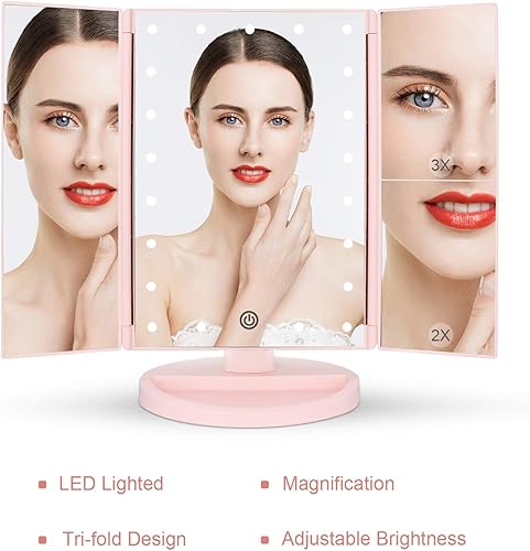 Vista 7 de deweisn Espejo de tocador iluminado de tres pliegues con 21 luces LED, pantalla táctil y aumento 3X/2X/1X, dos modos de fuente de alimentación