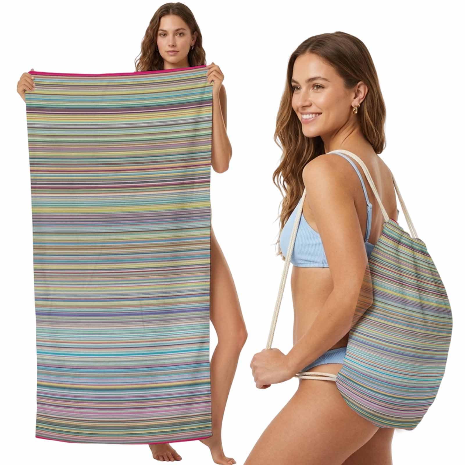 Beach Towel Bag 2 in 1 Rainbow Lines Waves Bath Pool Towels Backpack Horizon Stripes Absorbent Beach Towel Soft Quick Dry Lightweight Packable Towels Drawstring Bag for Travel Camping Sports Yoga