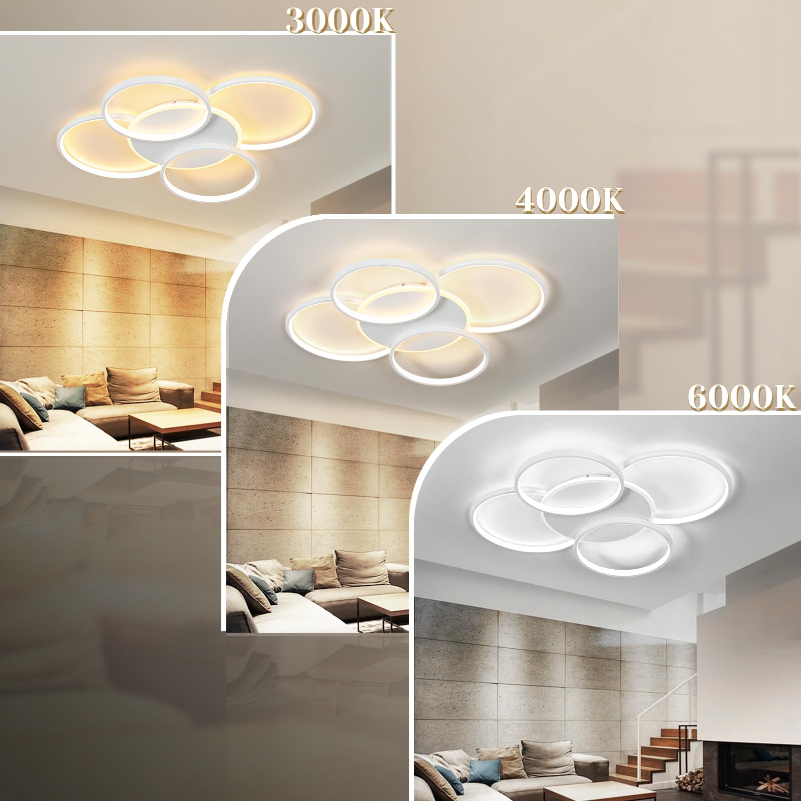 GBLY Deckenlampe LED Deckenleuchte Wohnzimmer: Wohnzimmerlampe Dimmbar 70W | mit Fernbedienung 5-Ringen Weiß Schlafzimmerlampe Modern Acryl Deckenbeleuchtung für Büro Schlafzimmer Esszimmer