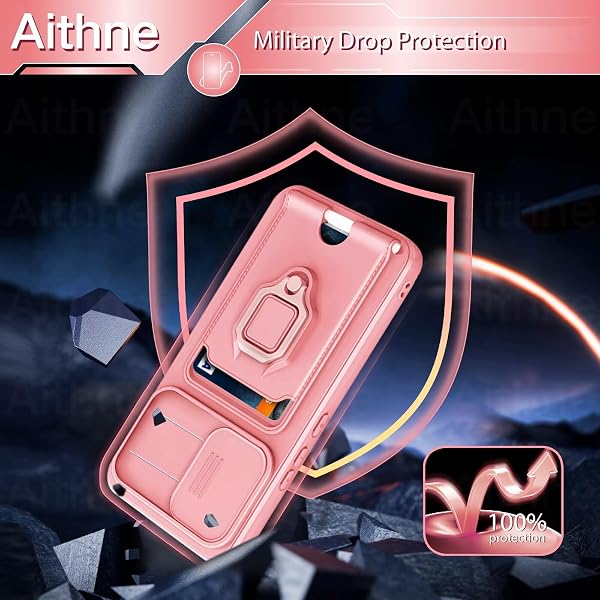 Cordon de Coque pour Samsung Galaxy A05S,Couvercle Coulissant de la Caméra+Support Annulaire à 360 Degrés,Fentes pour Cartes Lanyard Silicone Case -Pink - 5