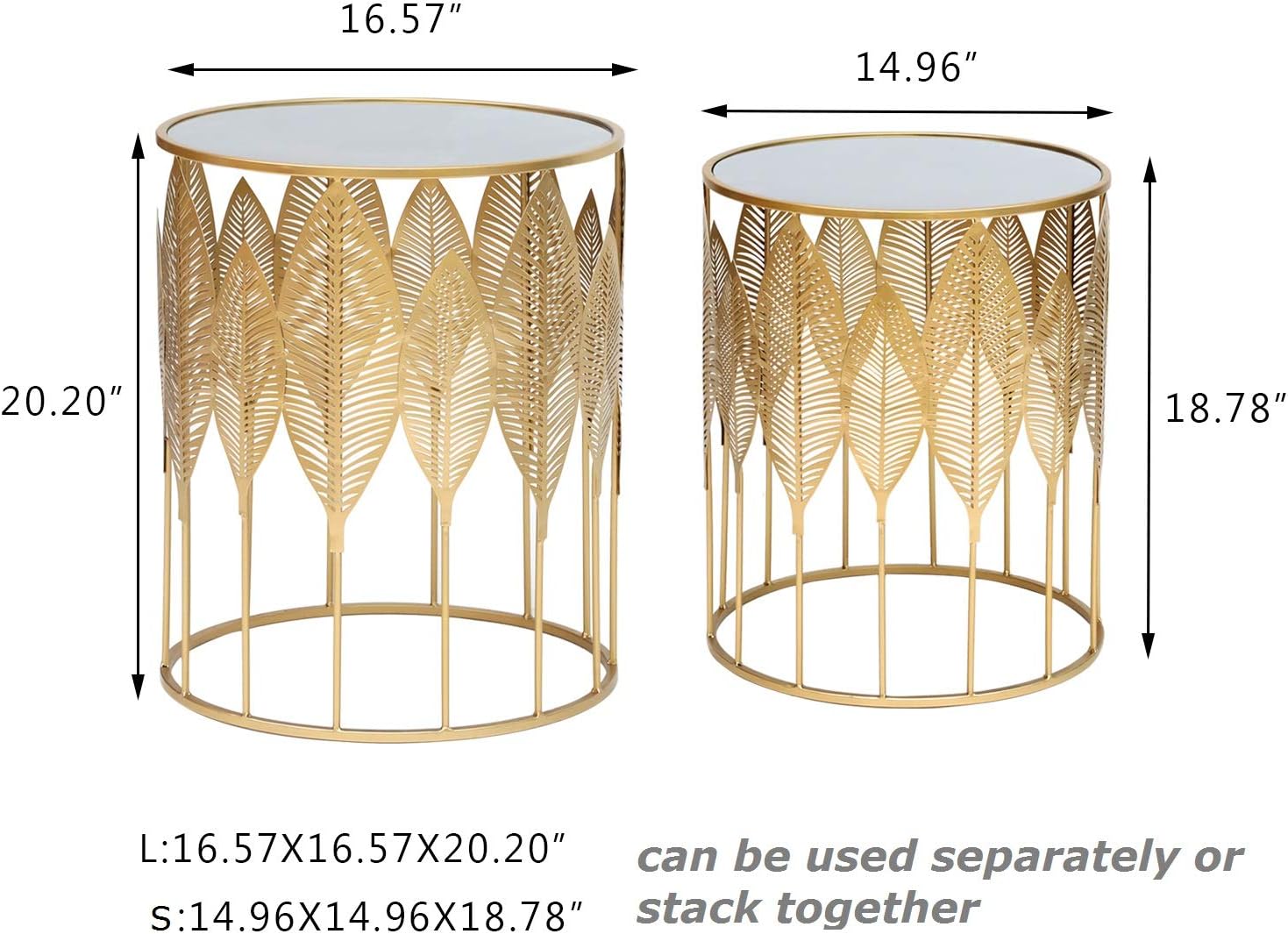 Joveco Gold Nesting Round Side End Tables Set of 2- Coffee Tea Table Mid Century Night Stands for Living Room Bedroom Outdoor (Gold Leaves Style)