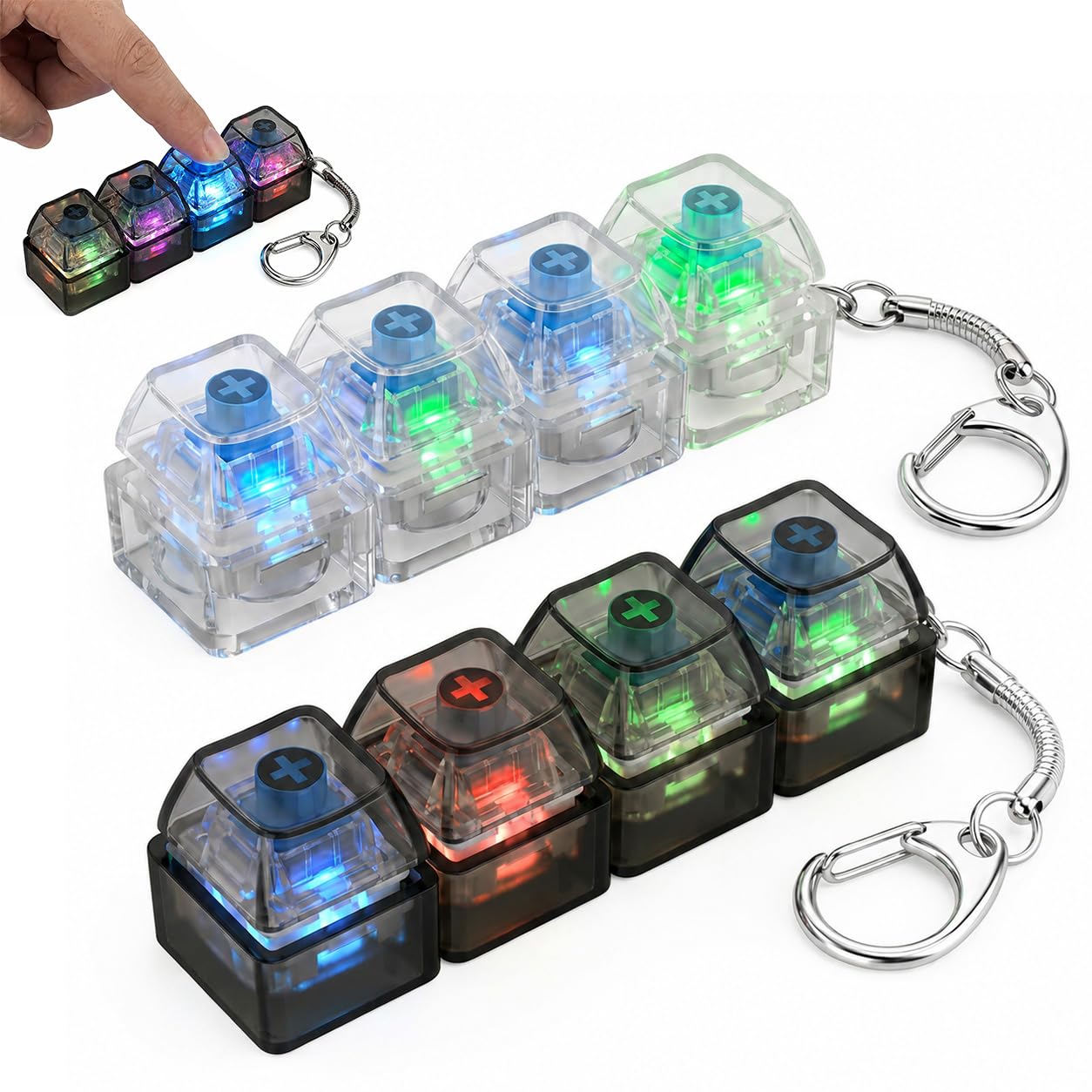 2Pcs Keyboard Fidget Toy,Funny Clicky Fidget Keyboard with LED Colorful Lights,4 Button Portable Mini Keyboard Fidgets Toys with Keychain Clicker Stress Relief Decompression for Office School Home